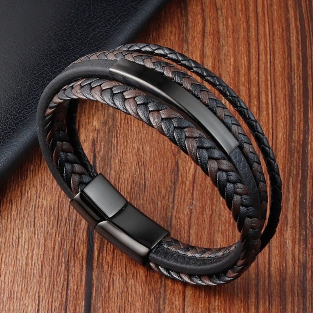 Men's Cowhide Leather Braided Bracelet Bangle Titanium Steel Magnetic Clasp